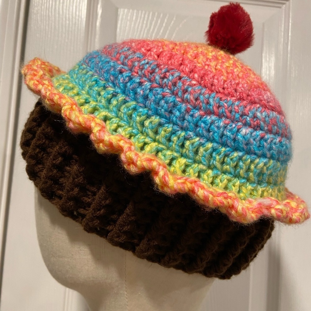 Handmade Crochet Rainbow Chocolate Cupcake Beanie Winter Hat Cozy Comfy Warm